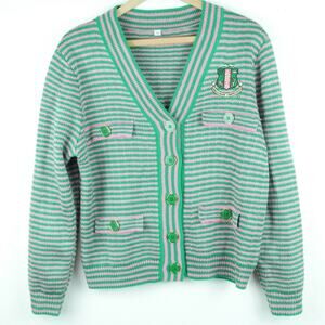 Women's Small Cardigan Sweater Preppy Stripe Embroidered Crest Country Club Pink